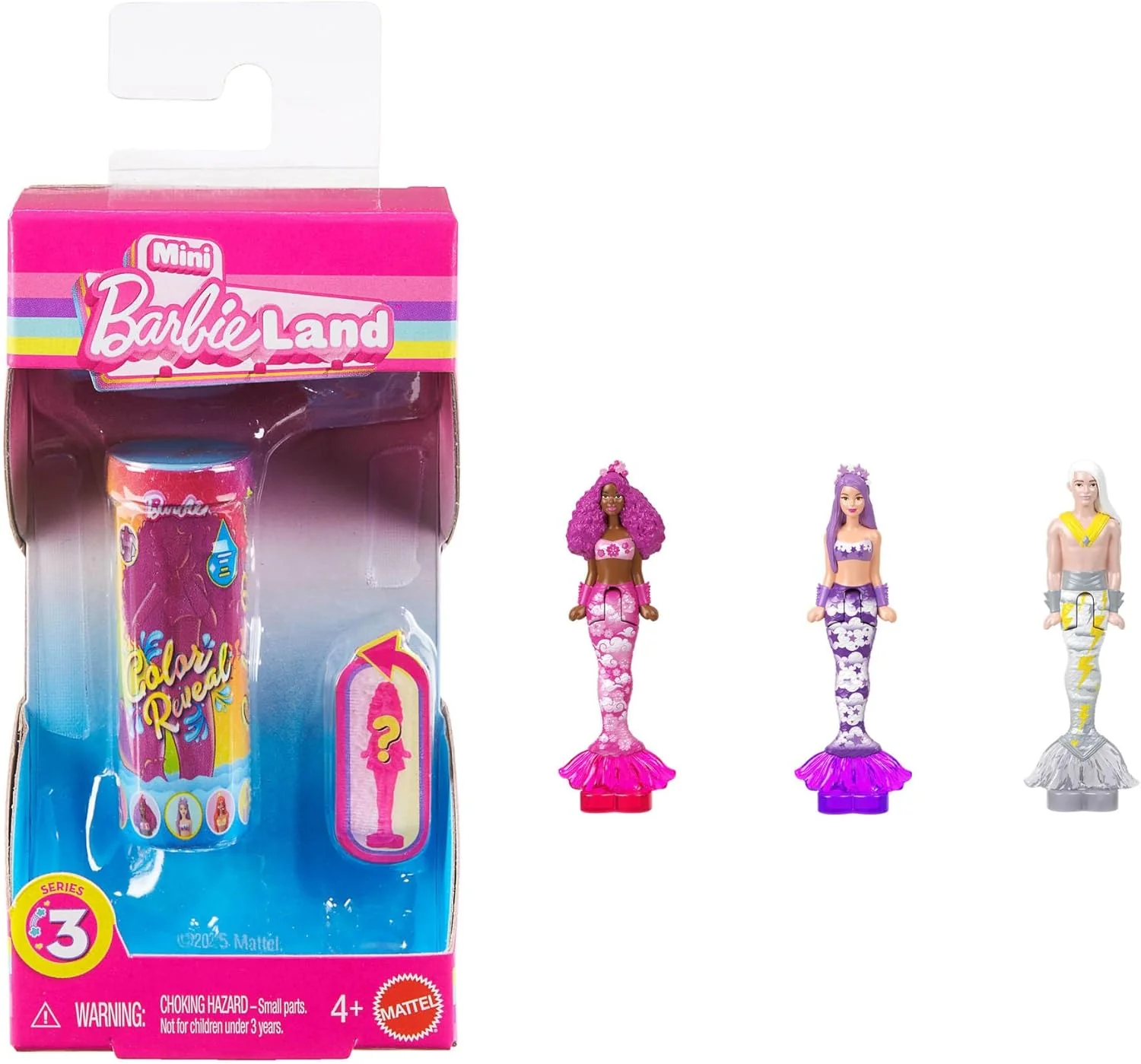 Barbie Color Reveal mini muñecas sirenas en caja, vista frontal y colorido diseño
